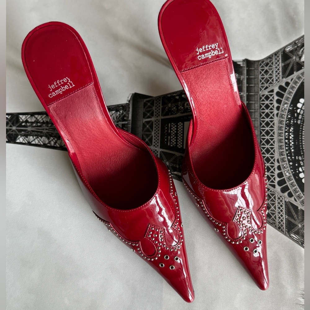 Jeffrey Campbell Red Patent Pointed Toe Studded Mules